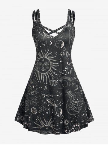 Plus Size Crisscross Sun Moon Print Dress - BLACK - M | US 10