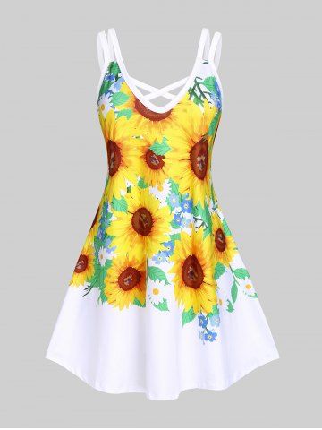 Plus Size Sunflower Print Crisscross Sundress - WHITE - 4X | US 26-28