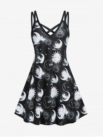 Plus Size Sun and Moon Printed Crisscross Sleeveless A Line Dress - BLACK - 2X | US 18-20