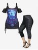 Cold Shoulder Cinched Rose Print Tee and Capri 3D Leggings Plus Size Summer Outfit -  