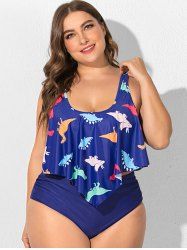 Plus Size Ruffled Overlay Dinosaur Print High Waist Tankini Swimsuit -  