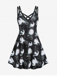 Plus Size Sun and Moon Printed Crisscross Sleeveless A Line Dress -  