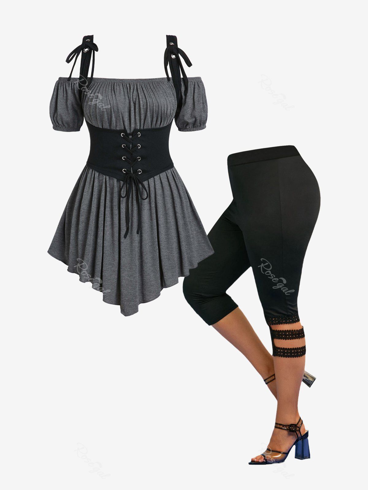 Fashion Off Shoulder Asymmetrical Tee With Lace Up Waistcoat and Panel Ladder Cutout Cropped Leggings Plus Size Summer Outfit  