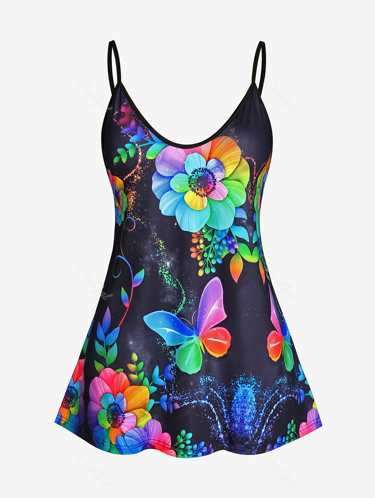 Online Plus Size Rainbow Floral Butterfly Print Cami Top  