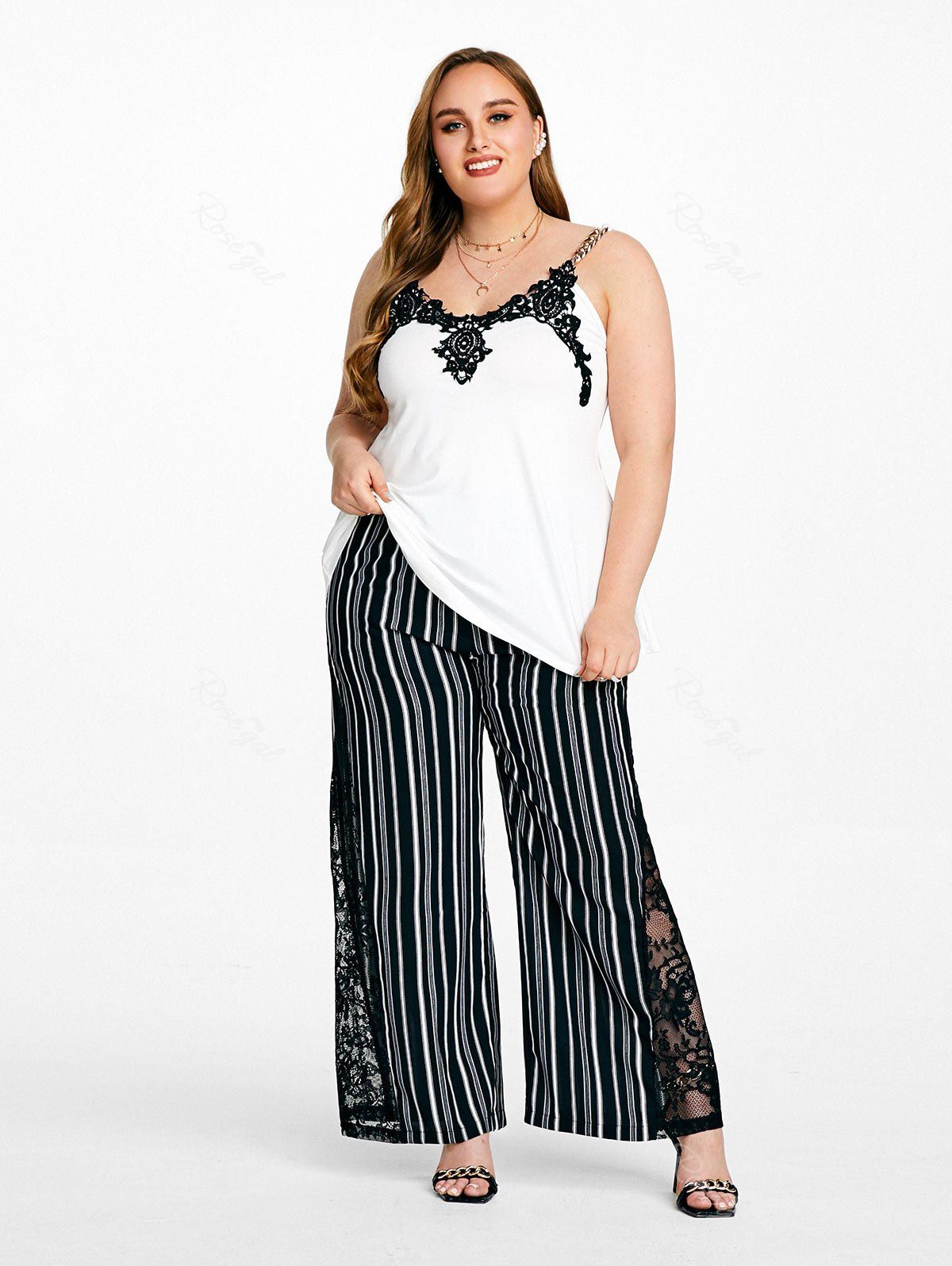 Store Colorblock Chain Tank Top and Striped Wide Leg Pants Plus Size Summer Outfit  