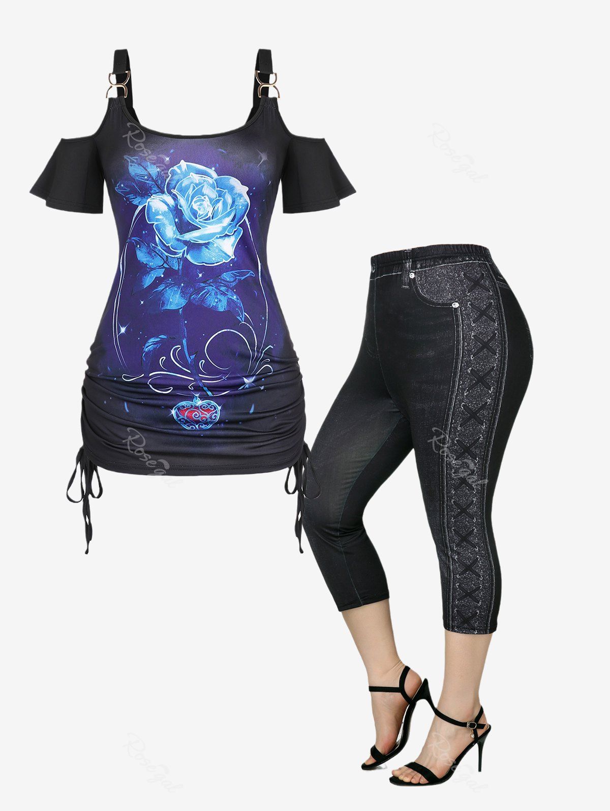 Chic Cold Shoulder Cinched Rose Print Tee and Capri 3D Leggings Plus Size Summer Outfit  