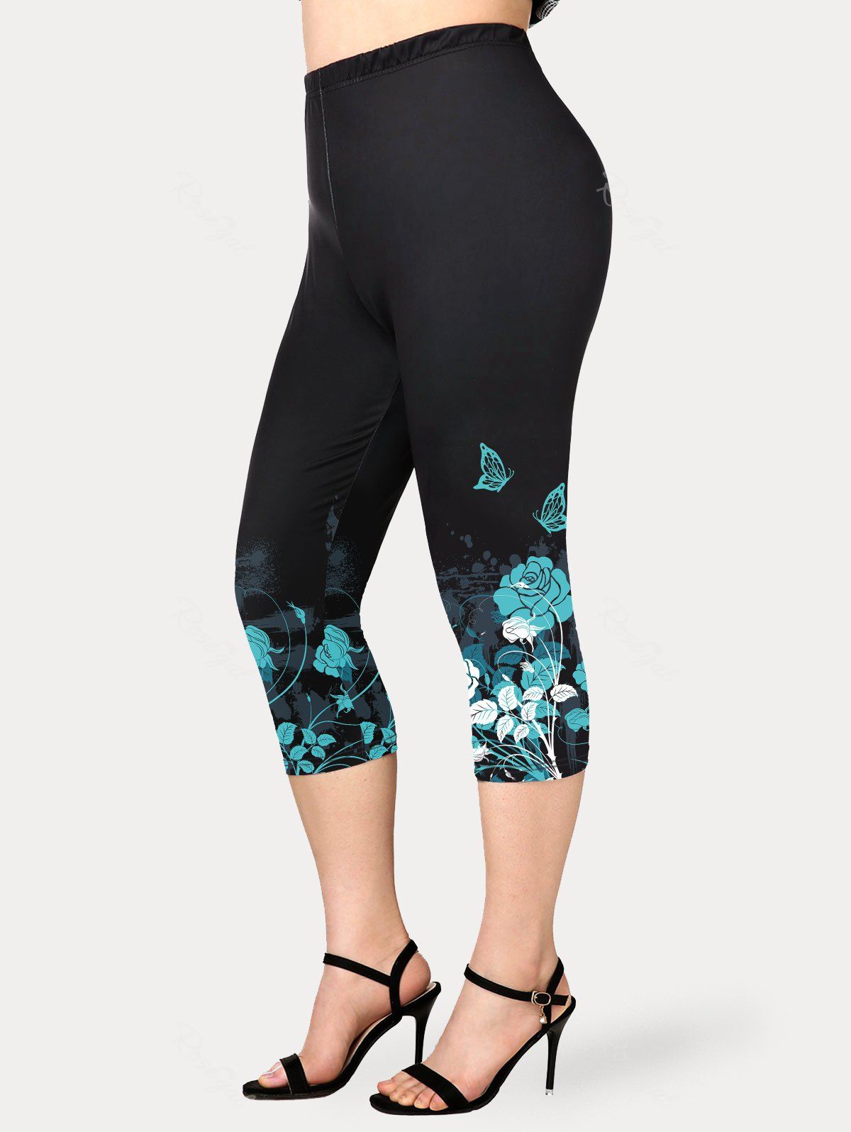 Sale Plus Size Floral High Waisted Capri Leggings  