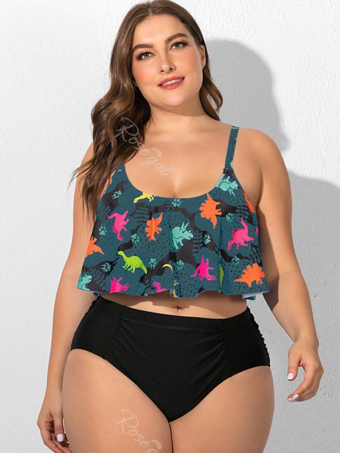 Best Plus Size Dinosaur Print Ruffled Overlay High Waist Tankini Swimsuit  