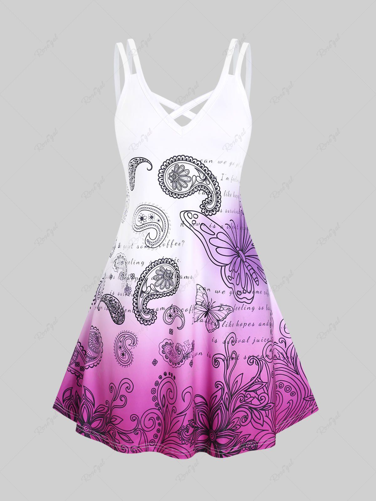 Latest Plus Size Paisley Butterfly Letters Printed Crisscross Graphic Sleeveless Dress  