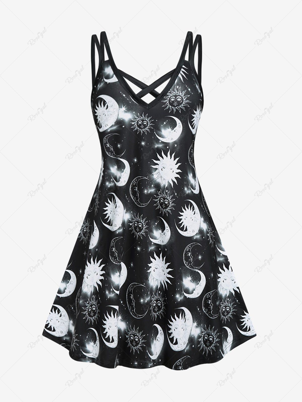 Trendy Plus Size Sun and Moon Printed Crisscross Sleeveless A Line Dress  