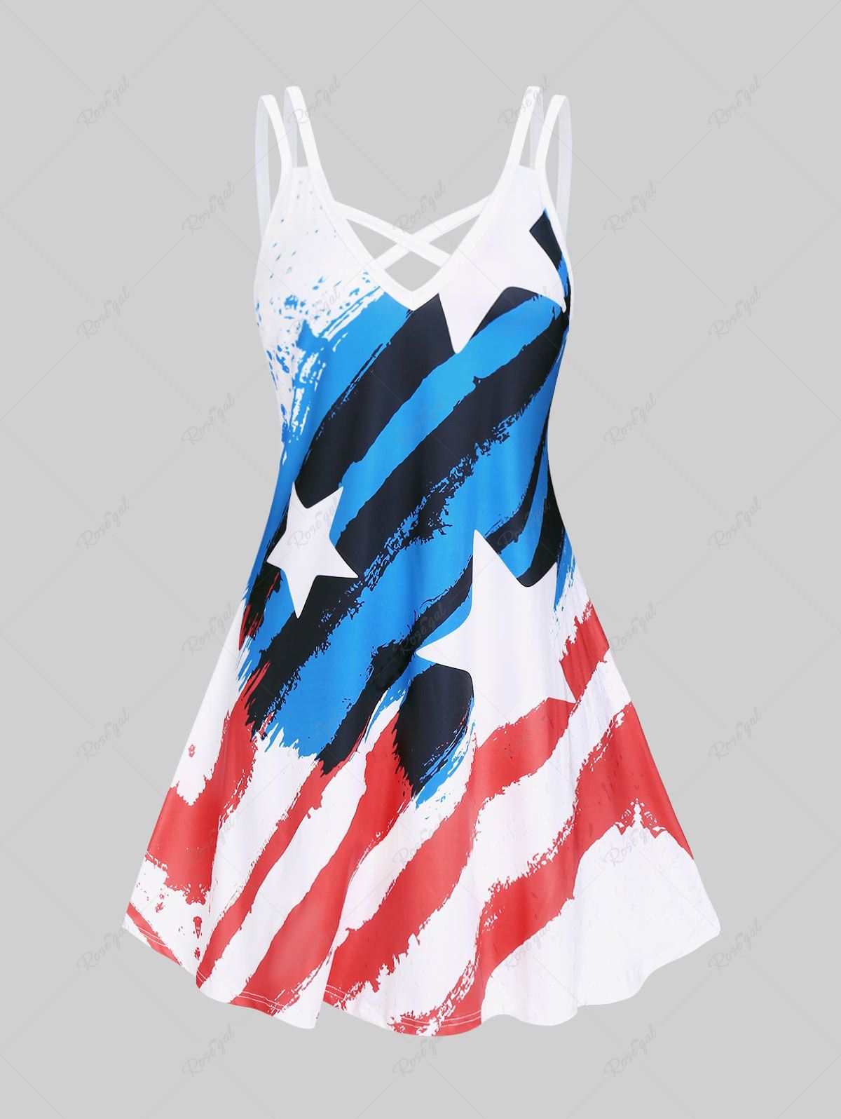 Online Plus Size Patriotic American Flag Print Crisscross Dress  