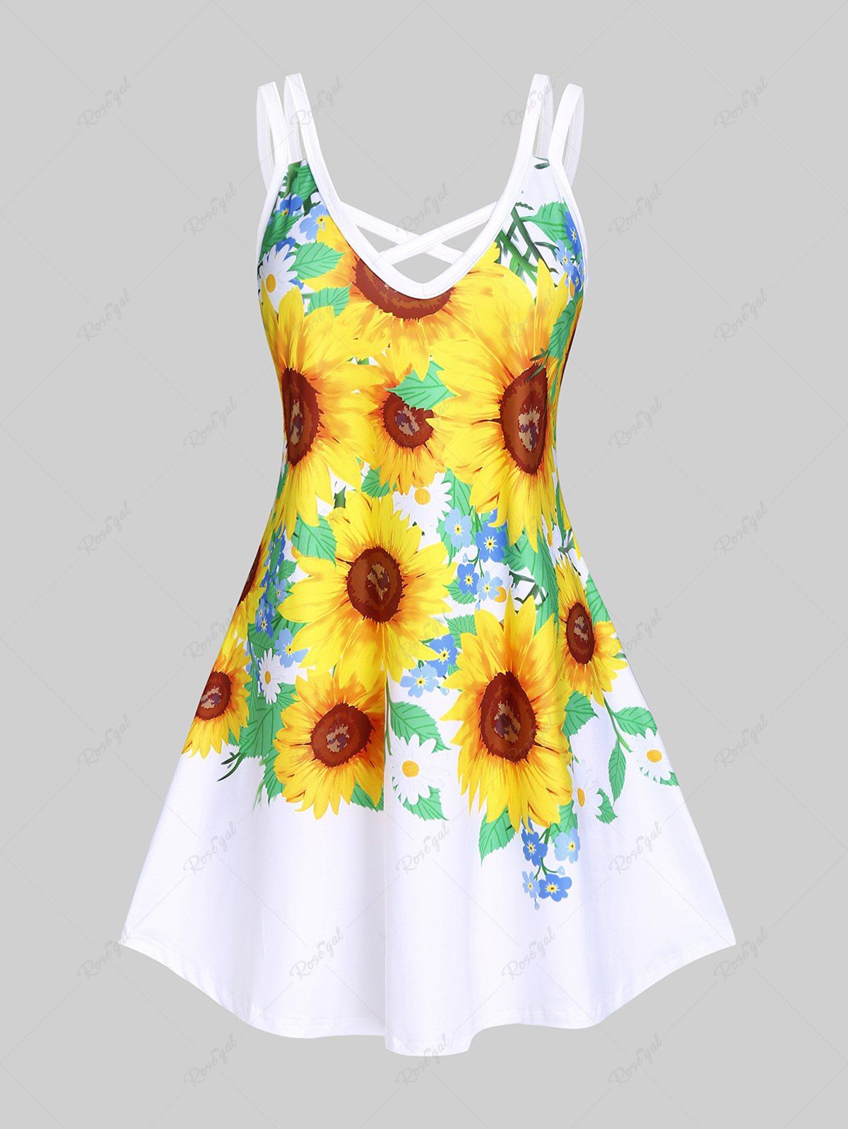 Latest Plus Size Sunflower Print Crisscross Sundress  