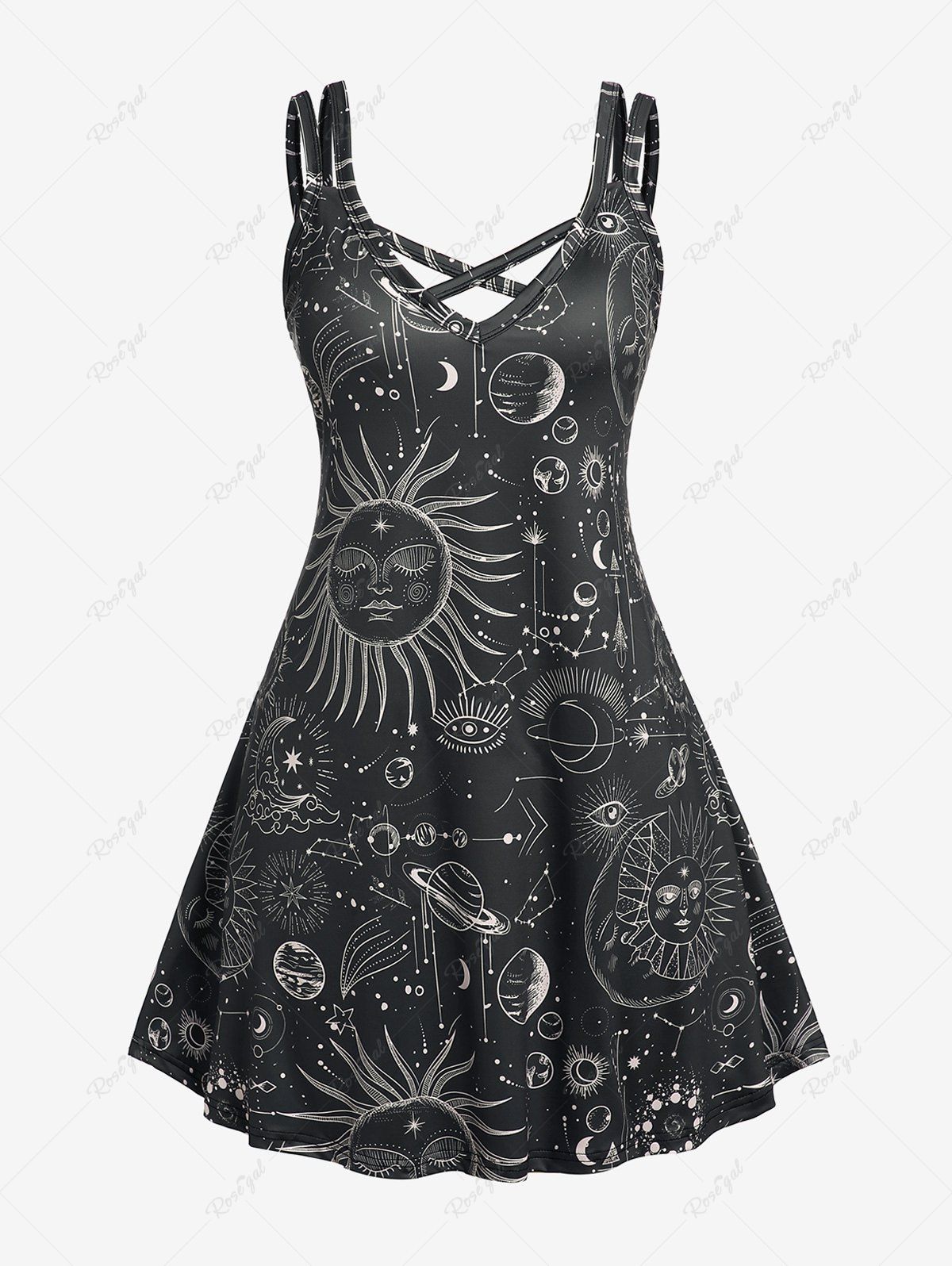 Best Plus Size Crisscross Sun Moon Print Dress  