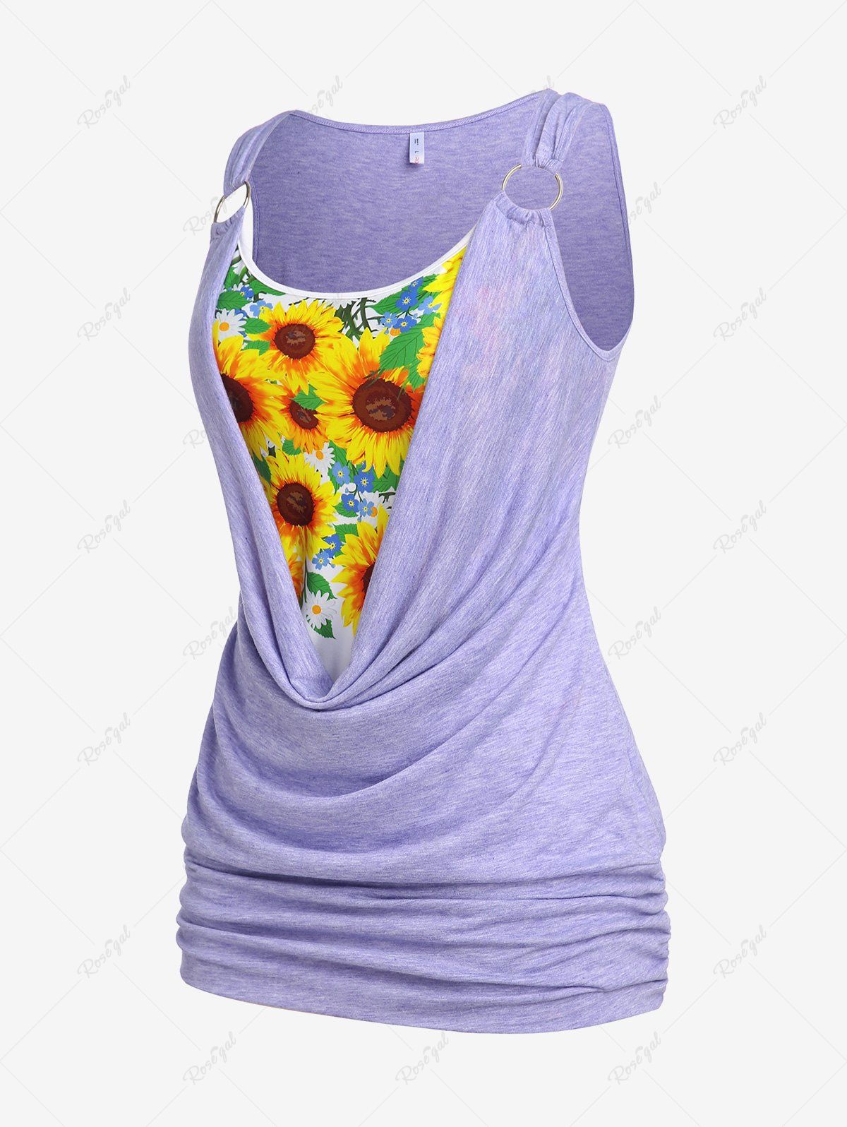 Outfit Plus Size Cowl Neck Sunflower Print Ruched Blouson Tank Top  