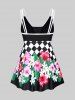 Plus Size Checkerboard Flower Printed Backless Bowknot Padded Tankini Swimsuit -  