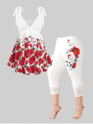Tie Shoulder Floral Print Plunge Tank Top and Rose Print Lace Panel Cropped Leggings Plus Size Summer Outfit