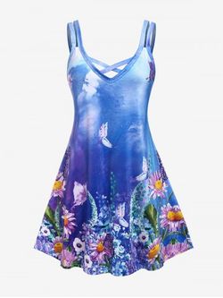 Plus Size Butterfly Sunflower Crisscross A Line Sleeveless Dress - BLUE - 5X | US 30-32