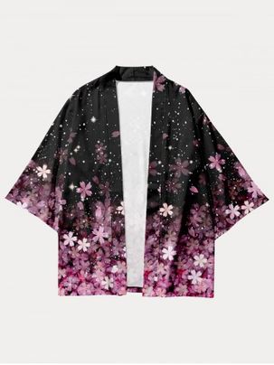 Plus Size Open Front Sakura Flower Sparkles Kimono