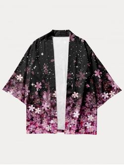 Plus Size Open Front Sakura Flower Sparkles Kimono - BLACK - 5XL