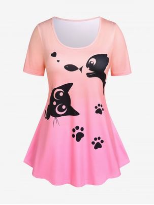 Plus Size Cartoon Pattern Ombre Short Sleeves Tee