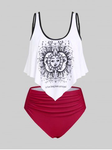 Plus Size Ruffled Overlay Sun Moon Print Tankini Swimsuit - DEEP RED - 5X
