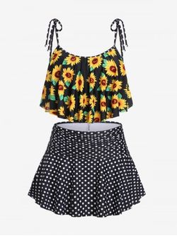Plus Size Padded Sunflower Polka Dot Three Piece Tankini Swimsuit - BLACK - 1X