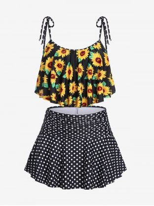 Plus Size Padded Sunflower Polka Dot Three Piece Tankini Swimsuit