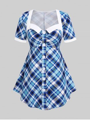 Plus Size Plaid Colorblock Short Sleeves Tee with Buttons