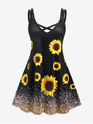 Plus Size Sunflower Print Crisscross A Line Sleeveless Dress