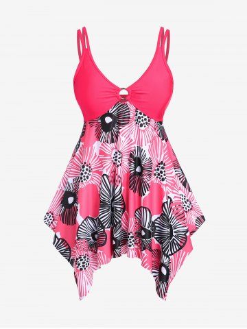 Plus Size Floral Print Handkerchief Boyleg Modest Tankini Swimsuit - RED - 1X