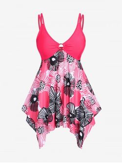 Plus Size Floral Print Handkerchief Boyleg Modest Tankini Swimsuit - RED - 2X