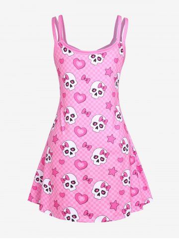 Plus Size Skulls Checkerboard Crisscross A Line Sleeveless Dress