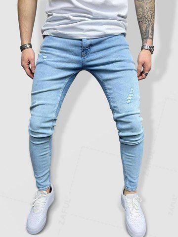 Light Wash Ripped Detail Jeans - LIGHT BLUE - 34