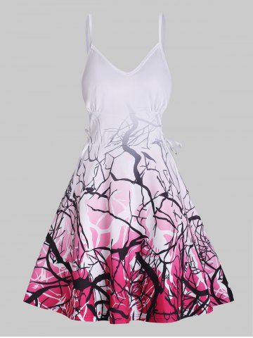 Ombre Branch Print Lace Up Cami Dress - WHITE - S