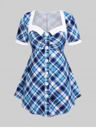 Plus Size Plaid Colorblock Short Sleeves Tee with Buttons -  