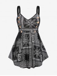 Plus Size Vintage Scarf Print Lace Up Tank Top -  