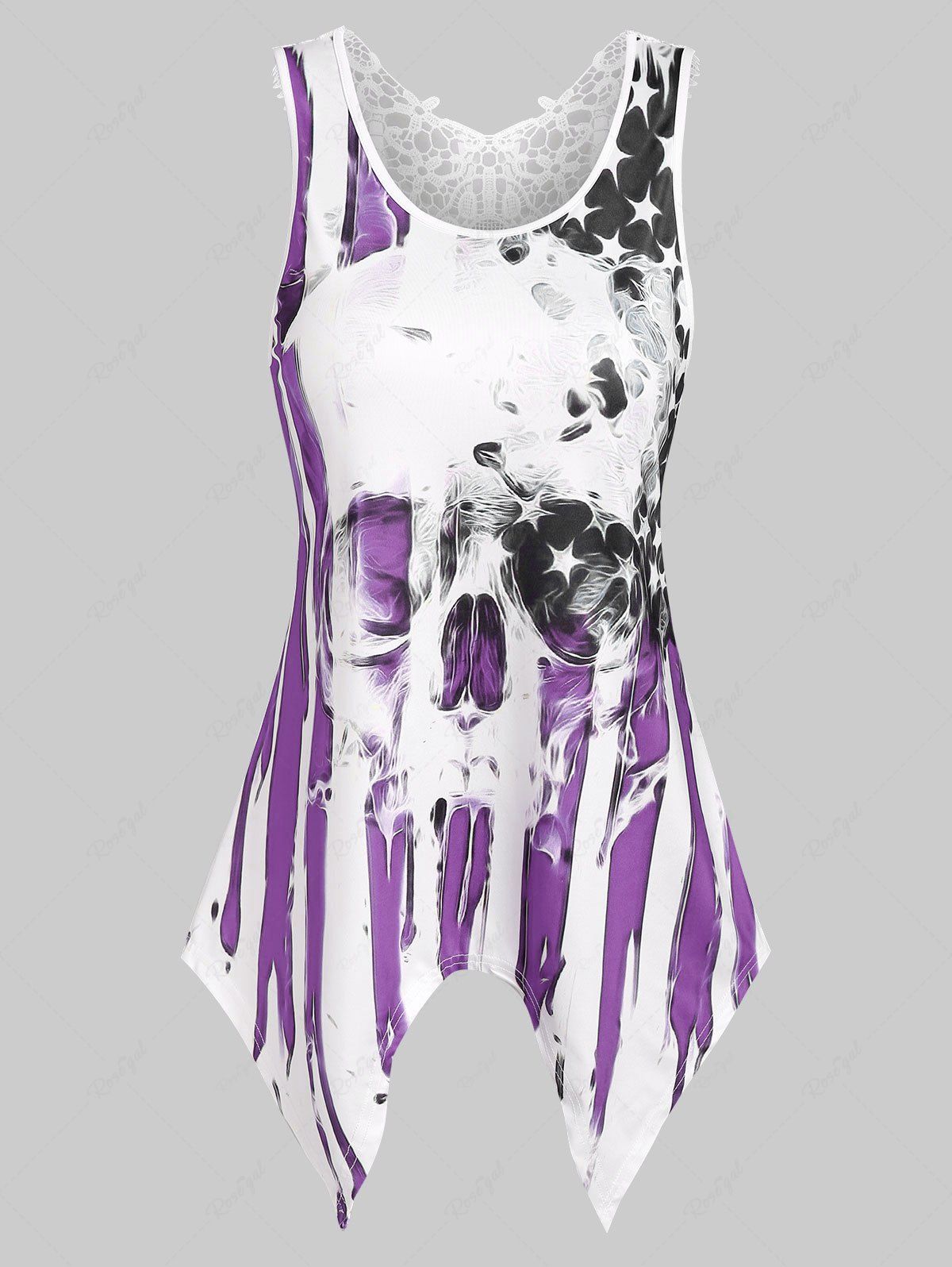 Affordable American Flag Skull Print Lace Insert Handkerchief Tank Top  