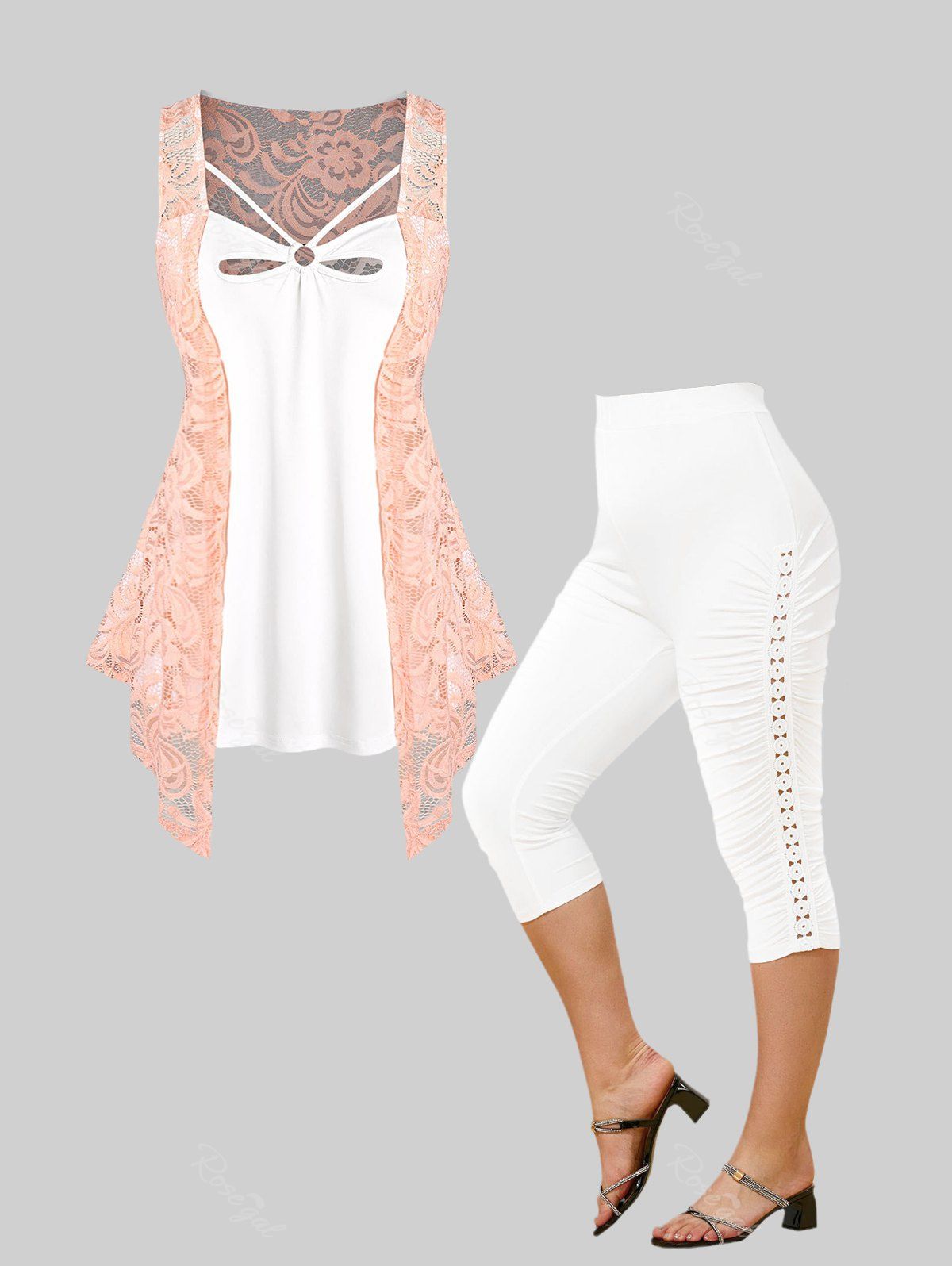 Hot Lace Panel Asymmetric Twofer Tank Top and Ruched Capri Leggings Plus Size Summer Outfit  