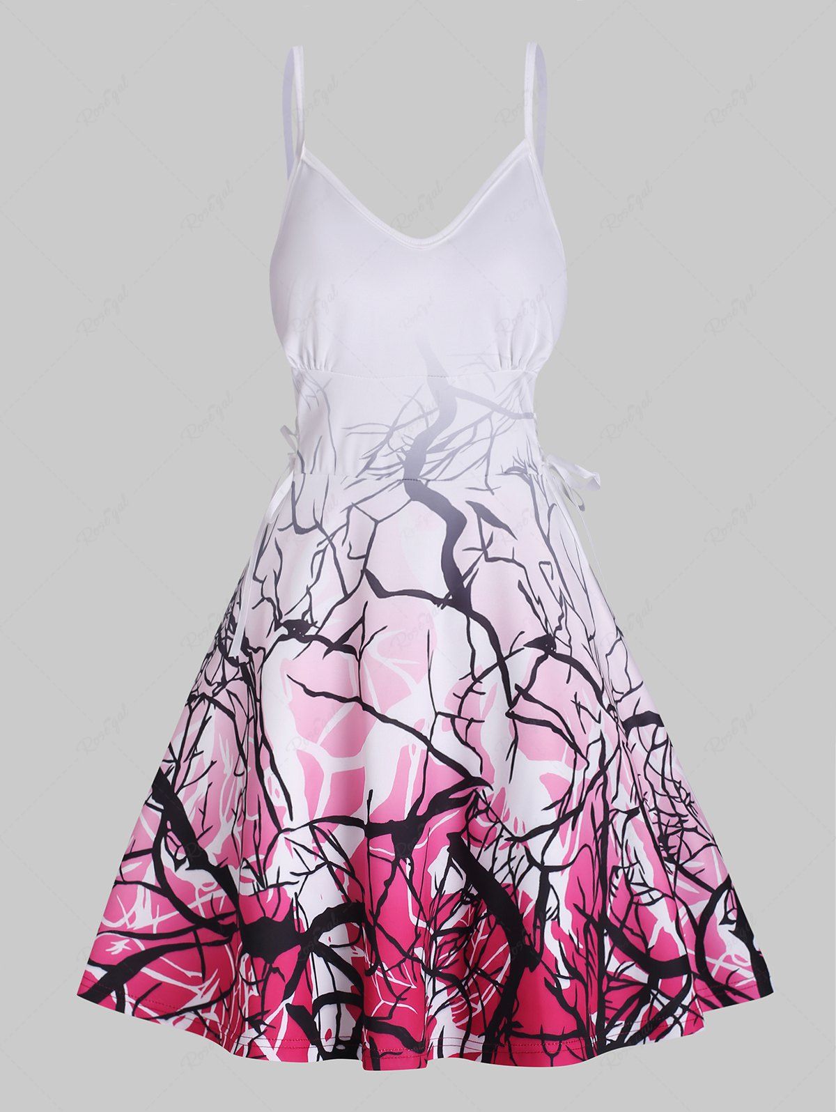 Fashion Ombre Branch Print Lace Up Cami Dress  