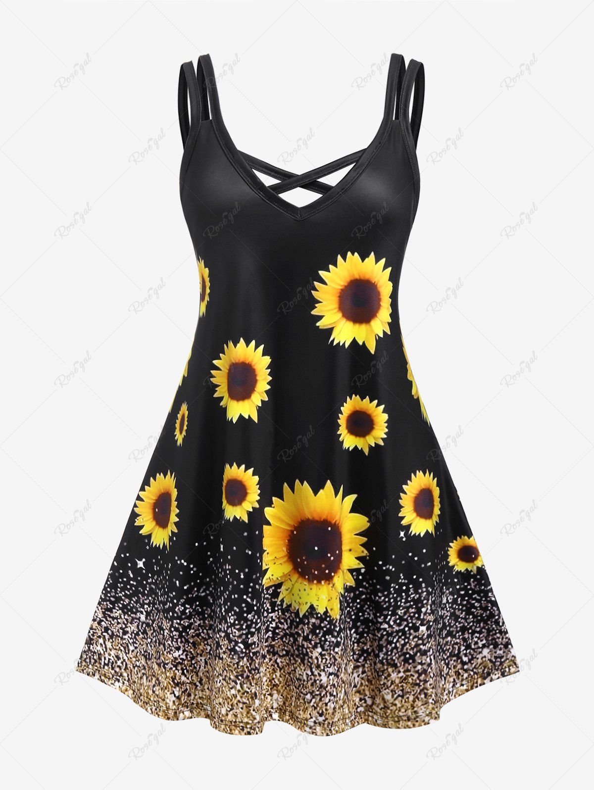 Trendy Plus Size Sunflower Print Crisscross A Line Sleeveless Dress  