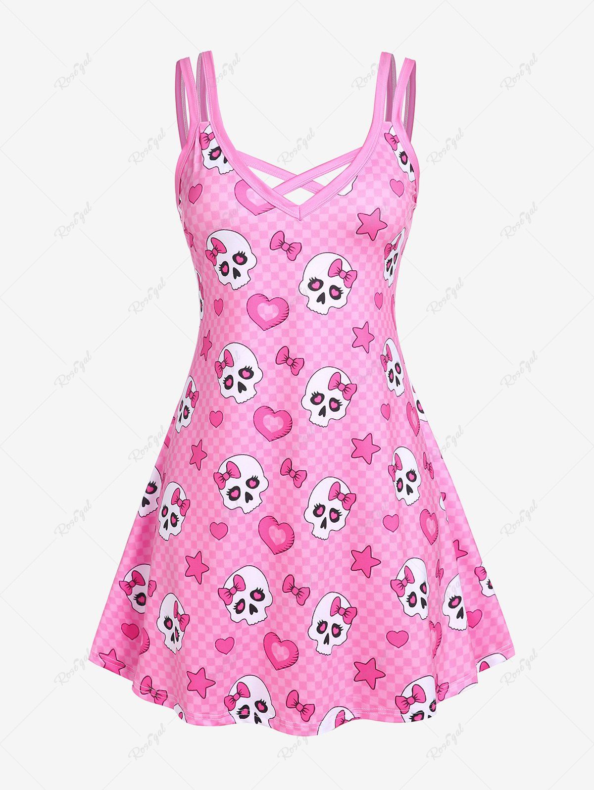 Buy Plus Size Skulls Checkerboard Crisscross A Line Sleeveless Dress  