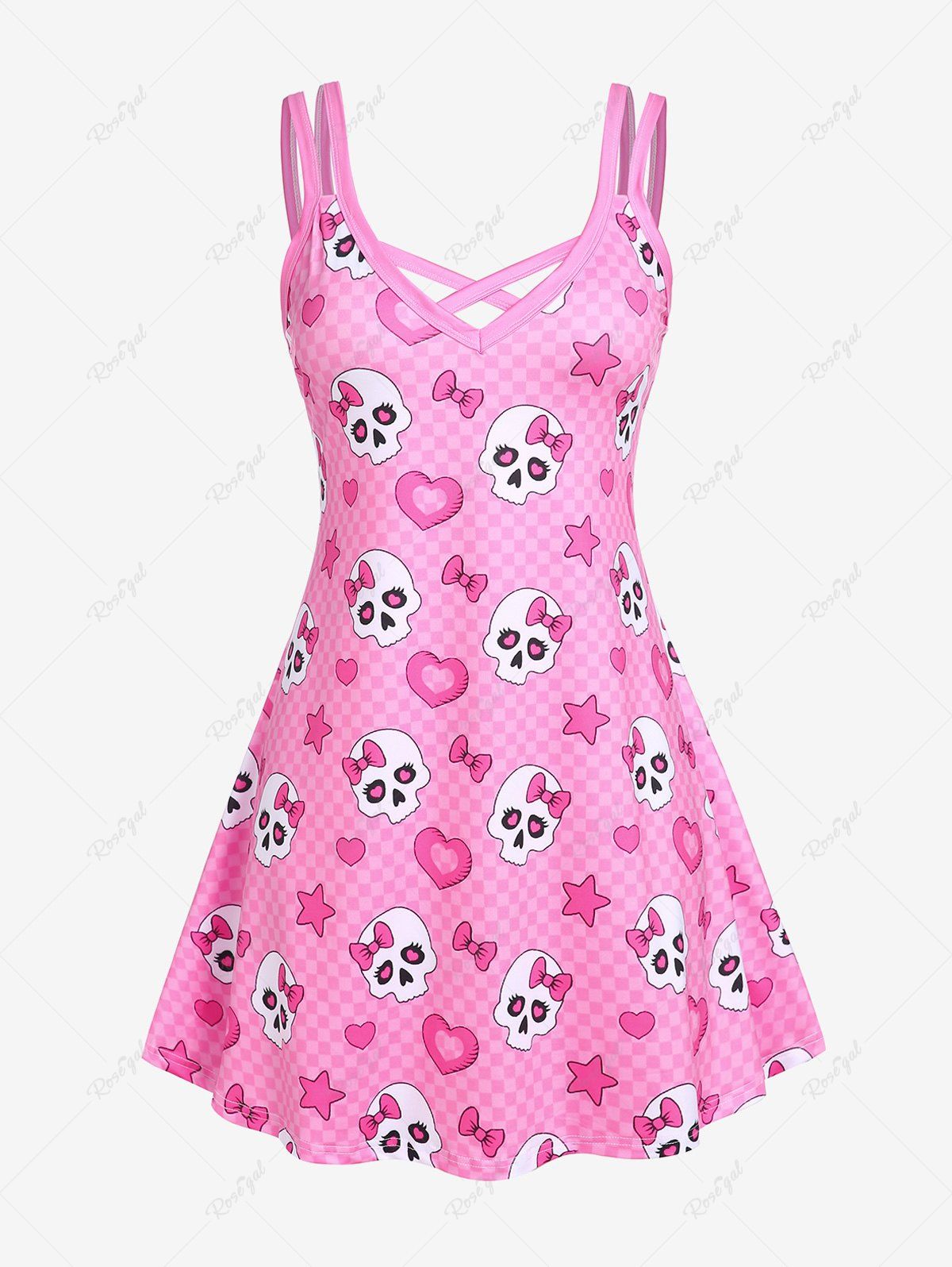 Affordable Plus Size Skulls Checkerboard Crisscross A Line Sleeveless Dress  