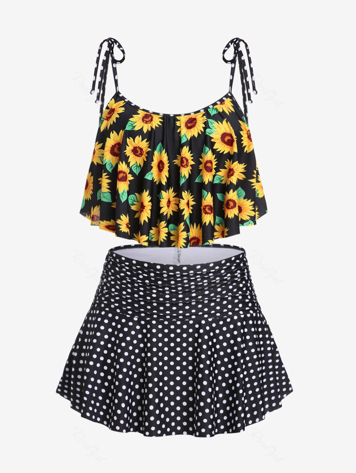Best Plus Size Padded Sunflower Polka Dot Three Piece Tankini Swimsuit  