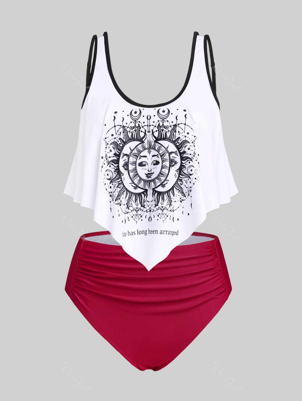 Fashion Plus Size Ruffled Overlay Sun Moon Print Tankini Swimsuit  
