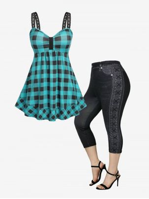 Plaid Backless Cami Tank Top and High Rise 3D Print Leggings Plus Size Summer Outfit