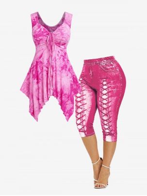 Handkerchief Tie Dye Tank Top and 3D Print Cropped Leggings Plus Size Summer Outfit