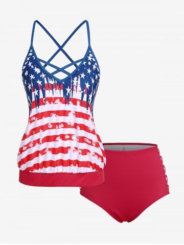 Plus Size Patriotic American Flag Print Crisscross High Waist Tankini Swimsuit - RED - 5X