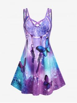 Plus Size Sleeveless Dreamcatcher Butterfly Print Sundress - PURPLE - 1X | US 14-16