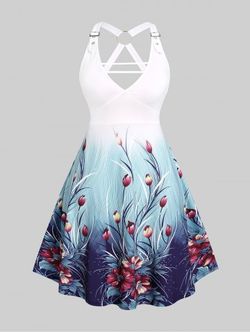 Plus Size Plunge O Ring Floral Print Dress - WHITE - L | US 12