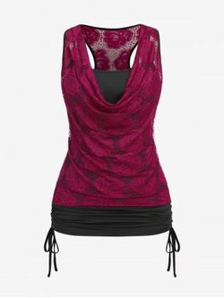Plus Size Cowl Neck Cinched Rose Lace Tank Top - DEEP RED - 1X | US 14-16